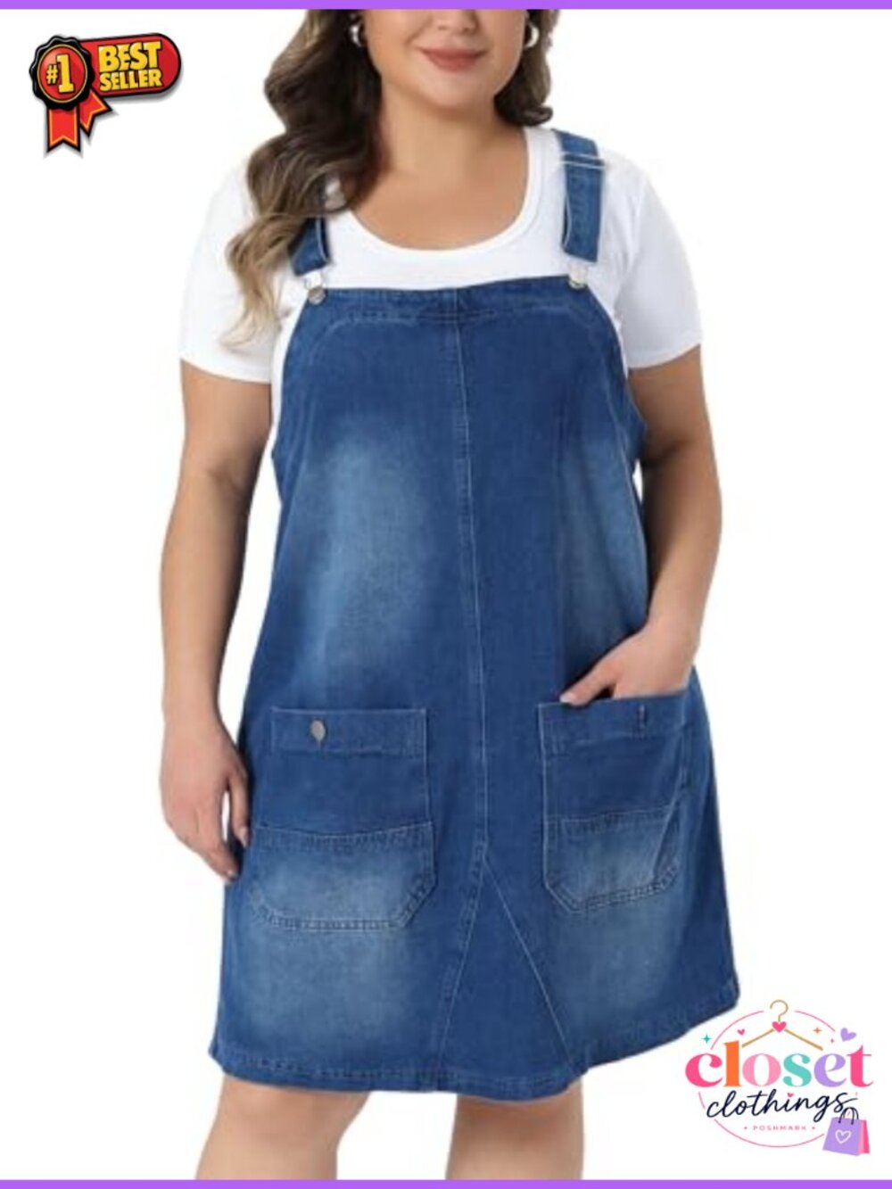 Plus Size Denim Overalls Dress Adjustable Strap Bib Jumper with Pockets